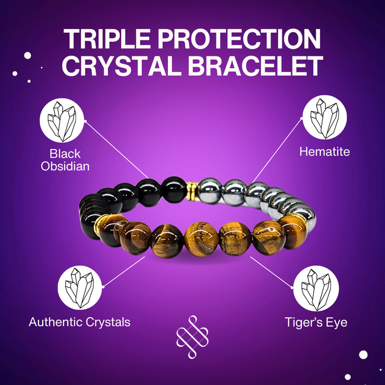 Triple Protection Crystal Bracelet - Hematite | Tiger's Eye | Black Obsidian