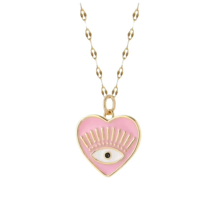 Pink Heart Evil Eye Necklace