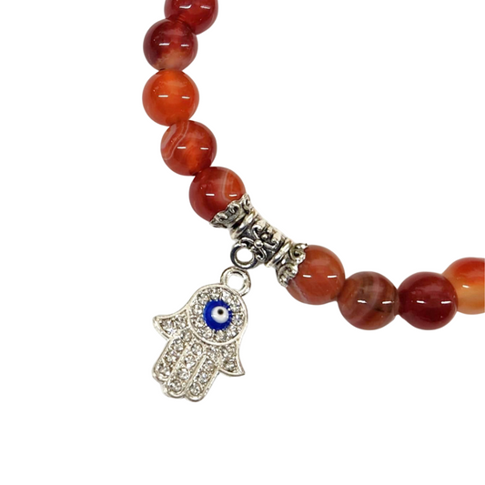 Banded Carnelian Crystal Bracelet w/ Hamsa Hand Charm