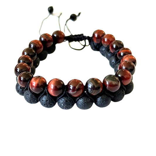 Red Tiger's Eye & Black Lava Double Layer Woven Bracelet - Determination | Rejuvenation